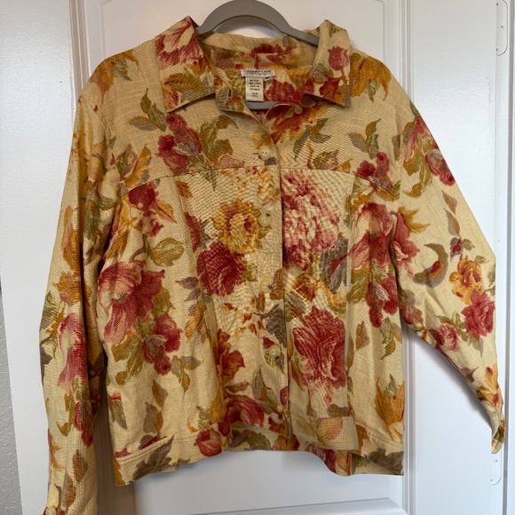 Yellow Orange Pink Red Rose Linen Trucker Jacket - Coldwater Creek - XL - Picture 2 of 16